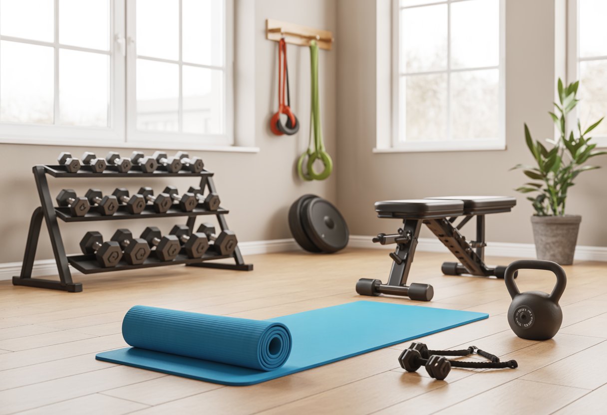 A home gym with beginner workout equipment including dumbbells, a yoga mat, weight bench, resistance bands, and a kettlebell in a bright, tidy room.