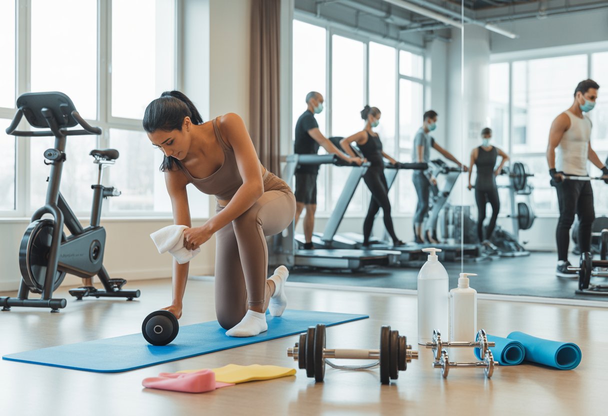 A split scene showing a person exercising in a clean home gym with fitness equipment and another side showing people working out safely in a commercial gym with hygiene measures in place.