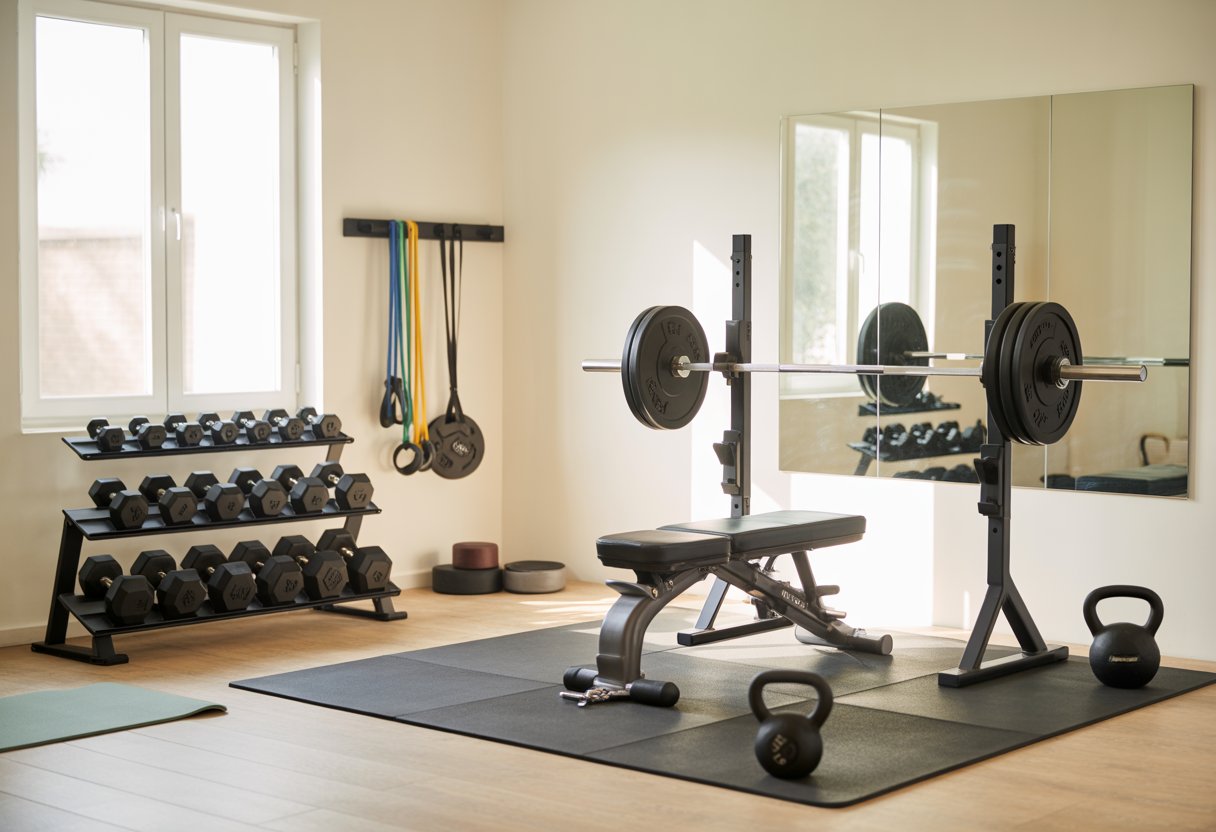 A compact home gym with dumbbells, weight bench, barbell, resistance bands, kettlebell, and a yoga mat in a bright, organized room.