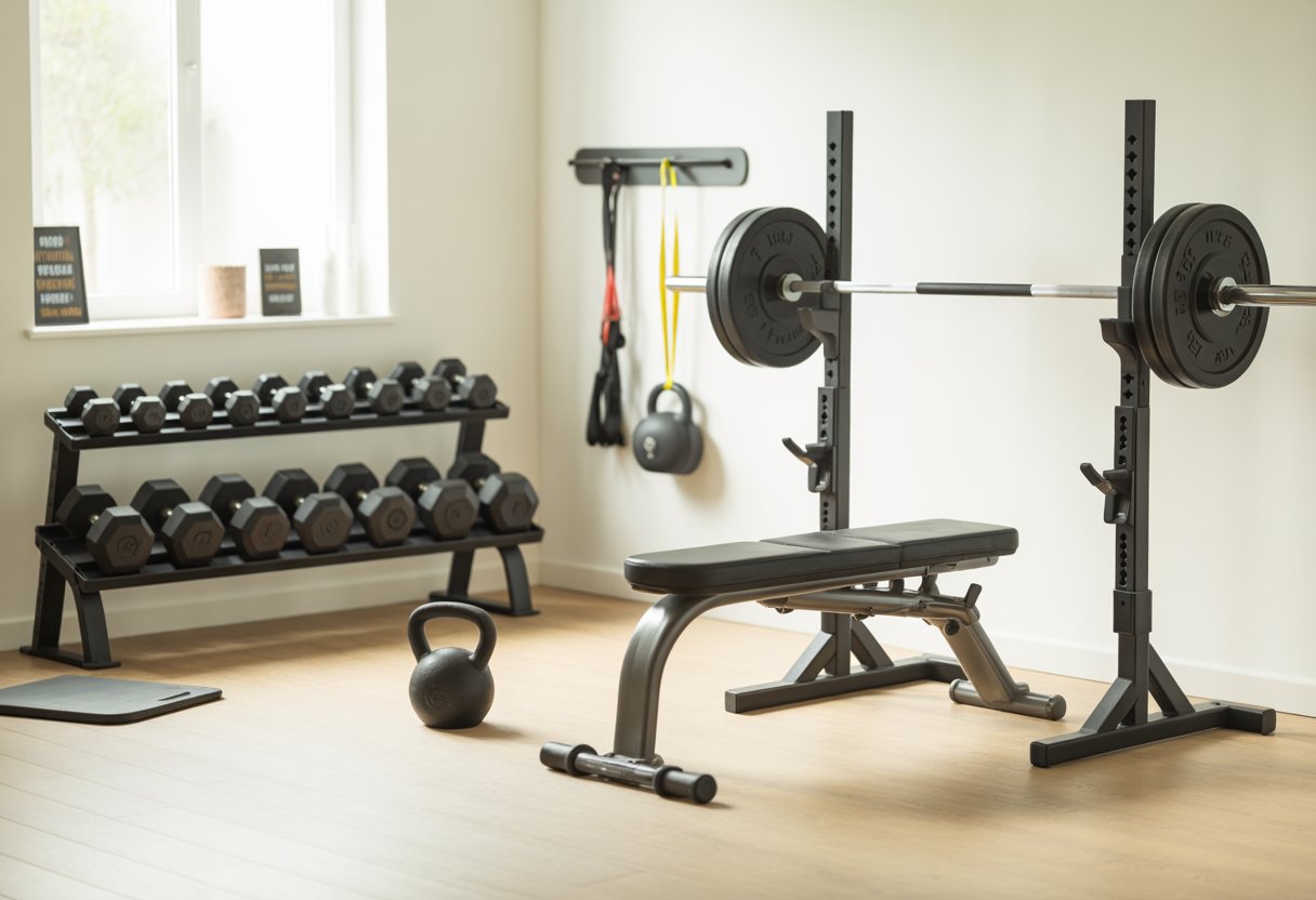 A home gym with dumbbells, a weight bench, resistance bands, a kettlebell, and a barbell in a bright, organized room.