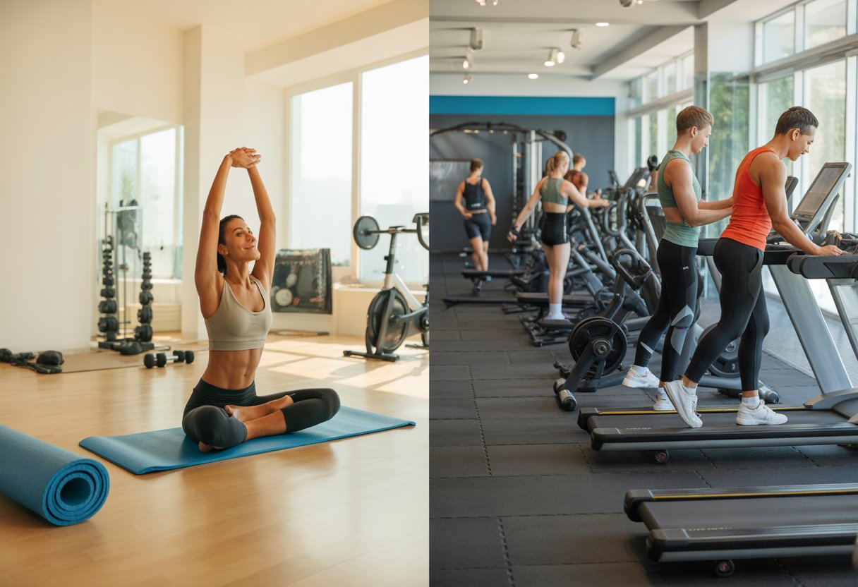 Split image showing a person exercising in a home gym on one side and people working out in a busy commercial gym on the other side.