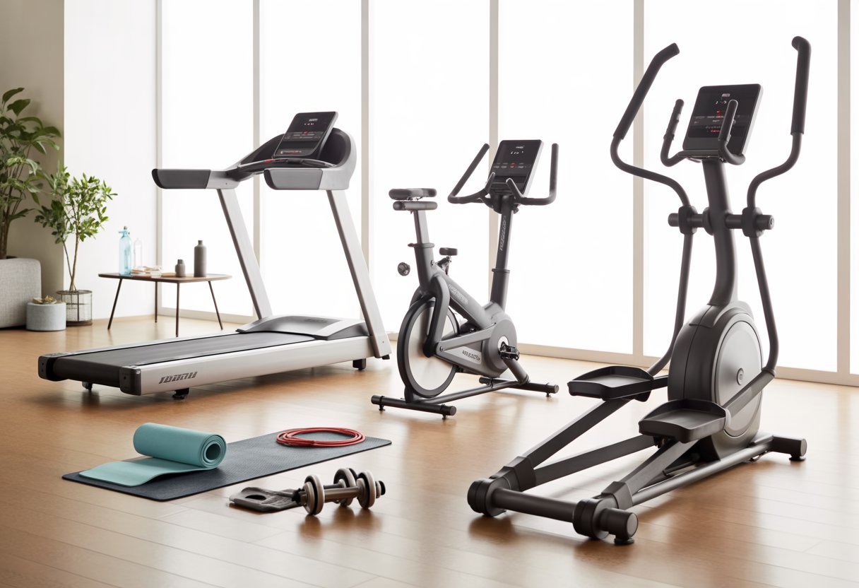A home gym with treadmill, stationary bike, elliptical trainer, and cardio accessories like jump rope and dumbbells in a bright room with large windows.