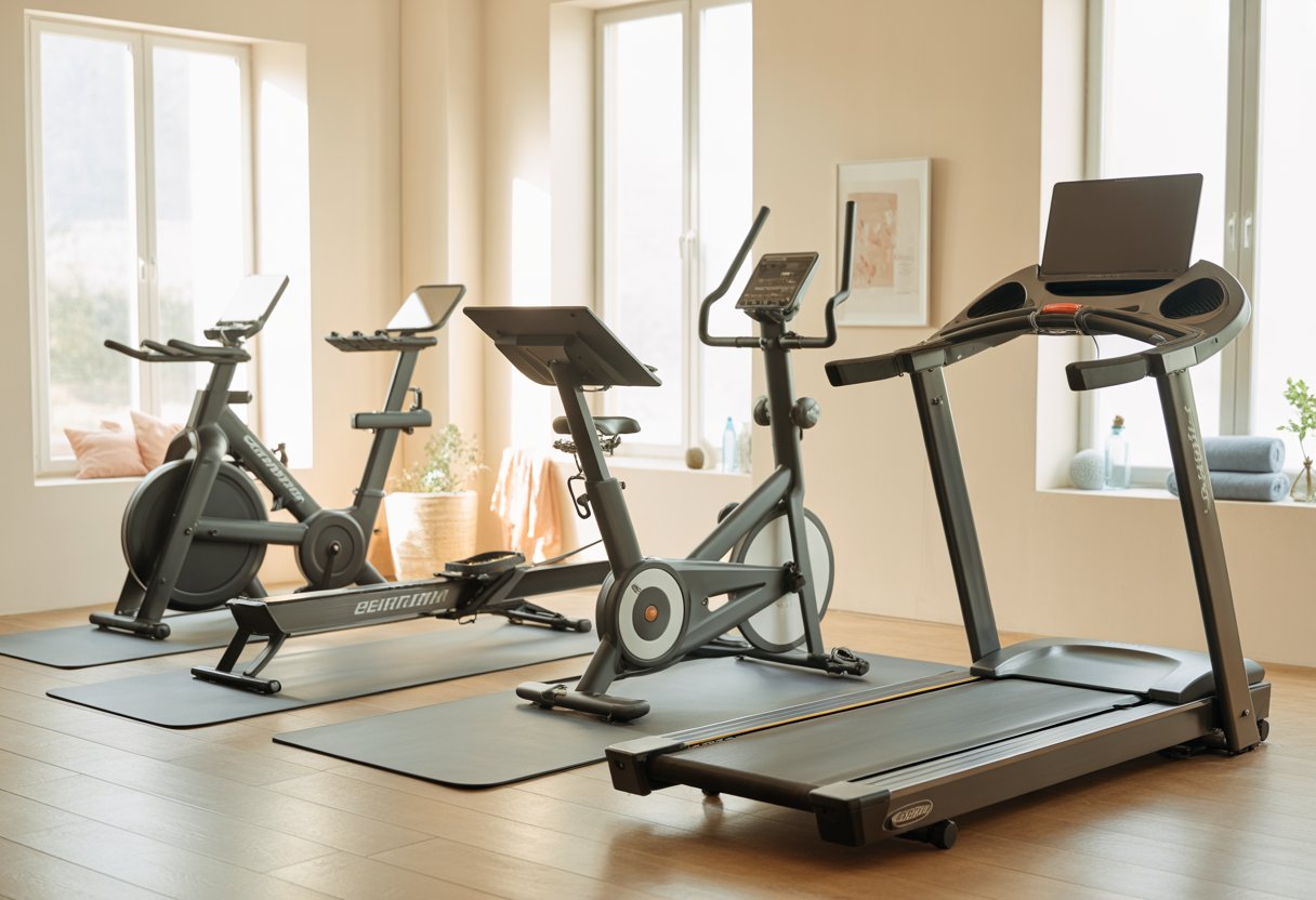 A compact home gym with treadmill, stationary bike, and rowing machine in a bright room with large windows.