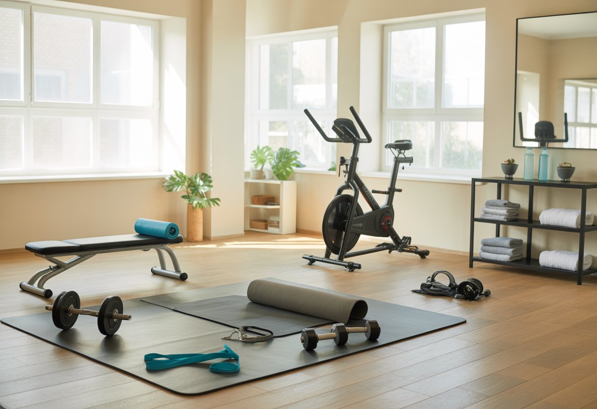A bright and organized home gym with beginner workout equipment including dumbbells, a yoga mat, resistance bands, and a stationary bike in a spacious room with wooden floors and large windows.
