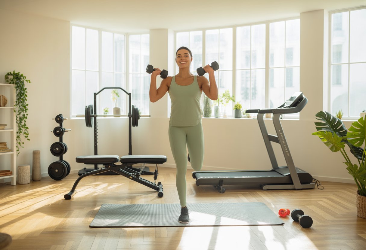 A person exercising with dumbbells in a compact, well-lit home gym with various fitness equipment.