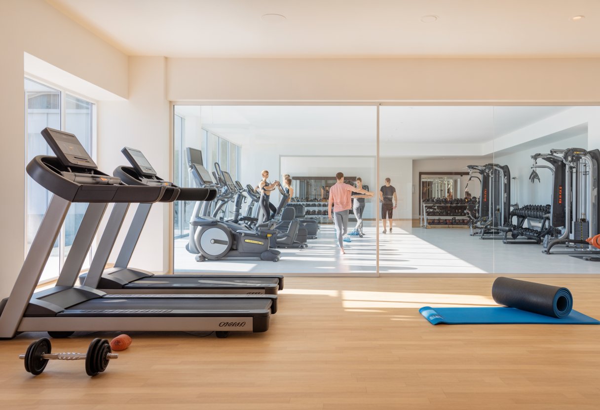 A home gym with exercise equipment next to a commercial gym with people working out.