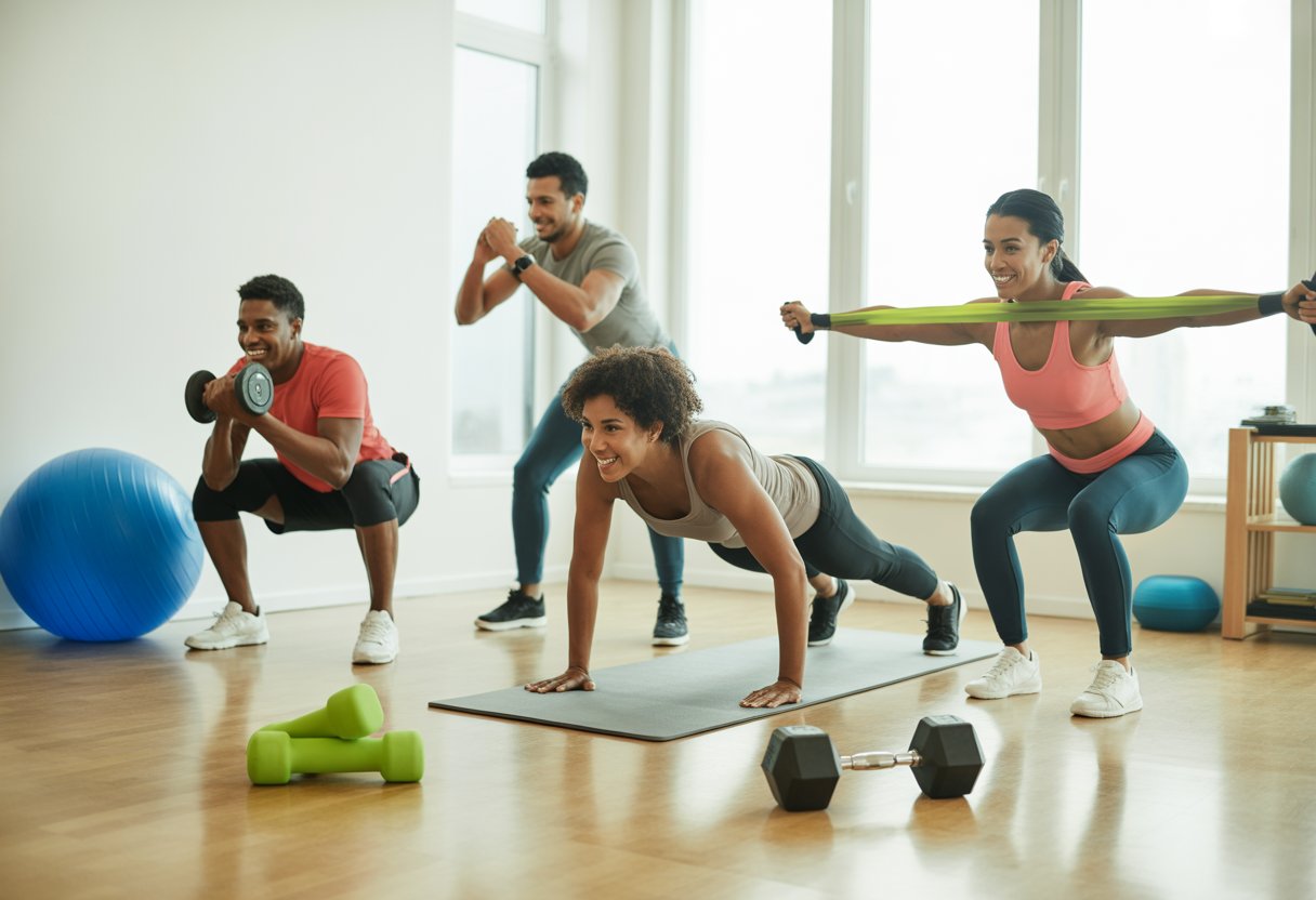 Three adults exercising in a bright home gym using dumbbells, resistance bands, and a yoga mat.