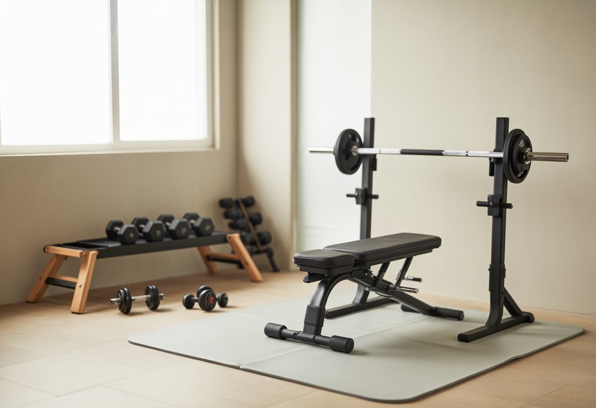 A small home gym with compact exercise equipment arranged neatly in a bright room.