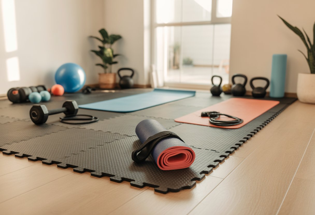 A small home gym setup with foam flooring, workout equipment, and recovery tools arranged neatly in a bright room.