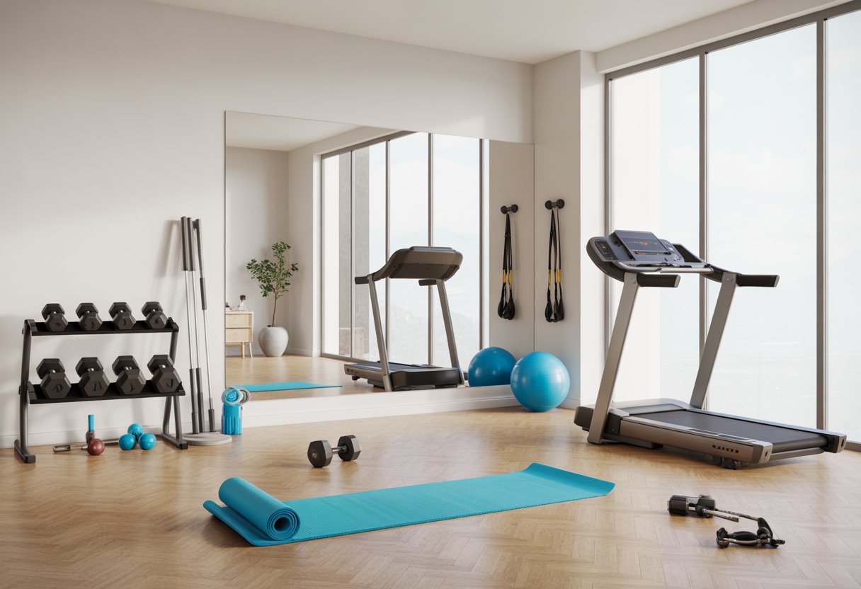 A home gym with organized fitness equipment including dumbbells, a yoga mat, resistance bands, and a treadmill in a bright room with wooden floors and large windows.