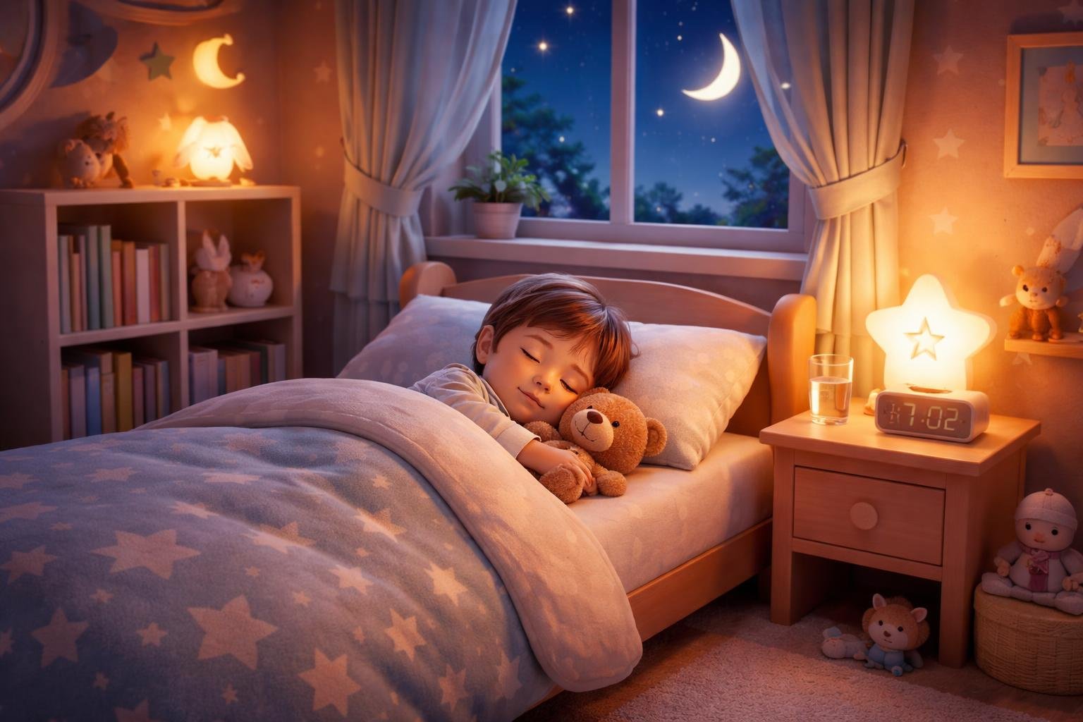 A child peacefully sleeping in a cozy bedroom at night with a nightlight and a stuffed animal nearby.