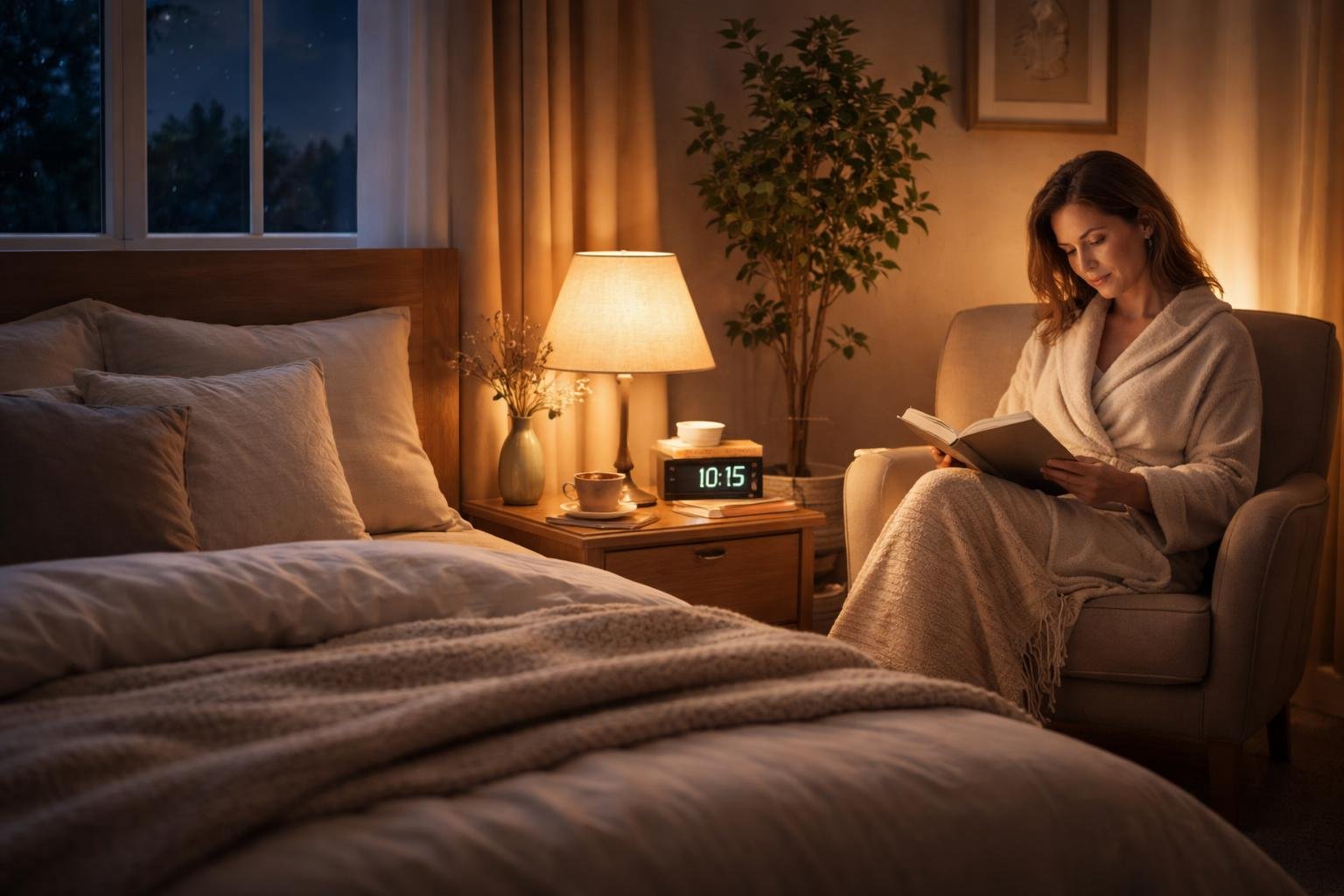 A peaceful bedroom at night with a person reading a book by a softly lit bedside table next to a neatly made bed.