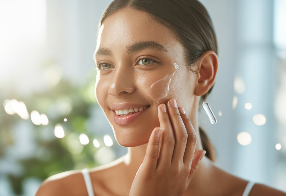 Close-up of a young woman applying hydrating serum to her glowing skin in a bright, softly lit setting.