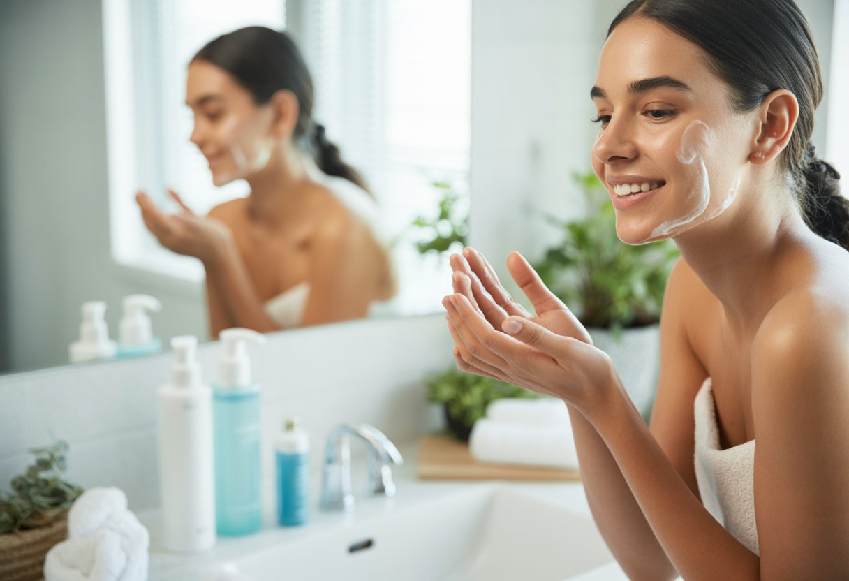 A young woman applying facial cleanser in a bright bathroom with skincare products on the counter.