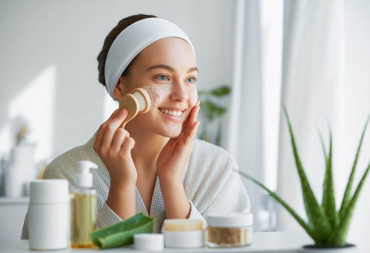 A young woman gently exfoliating her face in a bright bathroom surrounded by skincare products and natural plants.