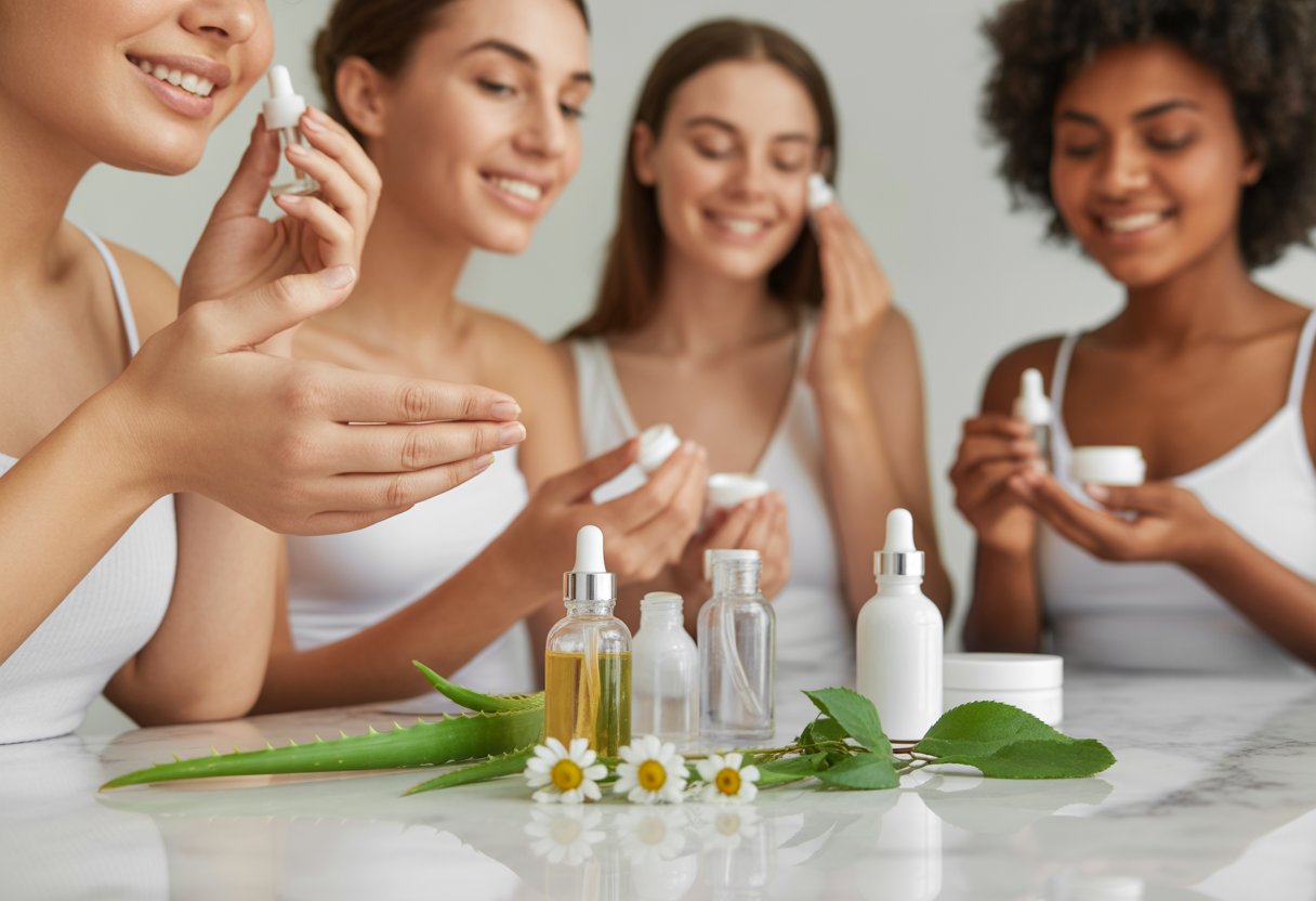 Women applying serums and skincare treatments with clear bottles and natural ingredients on a white countertop.