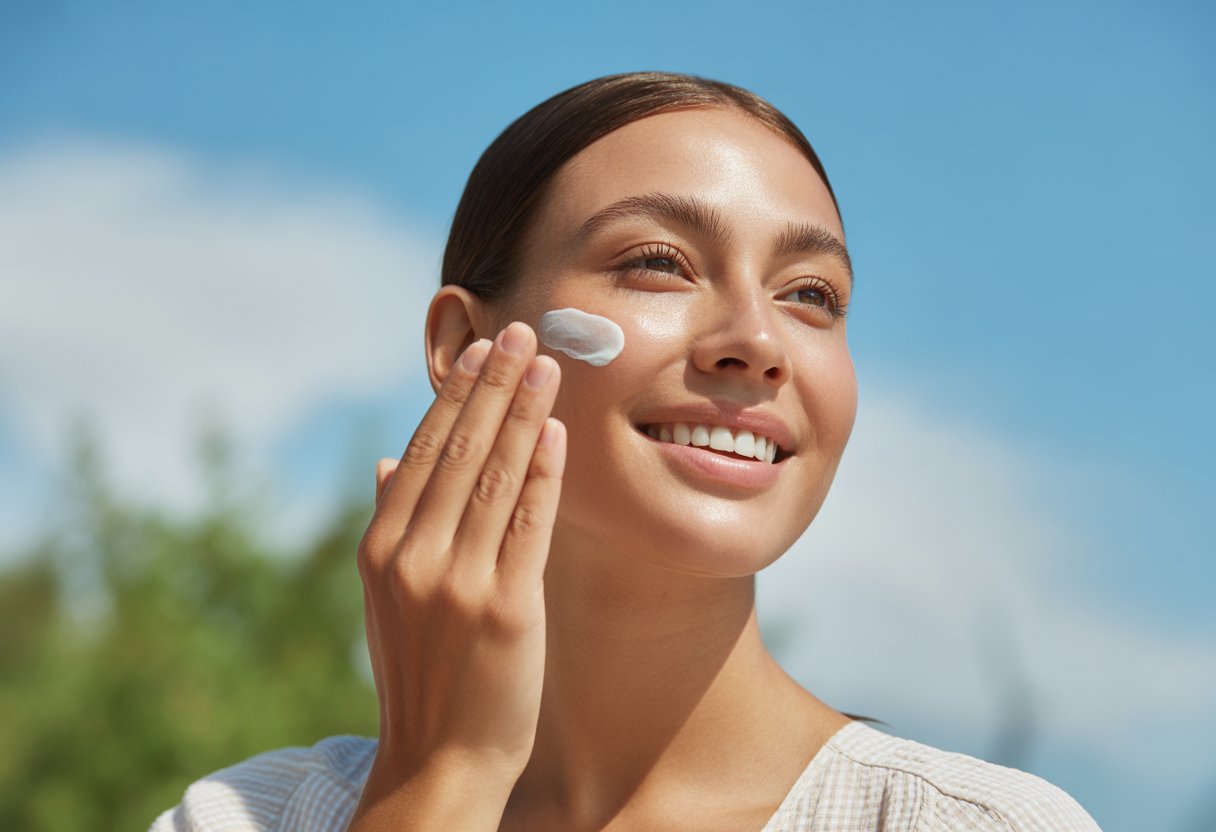 A young woman outdoors applying sunscreen to her face with a clear blue sky and greenery in the background.