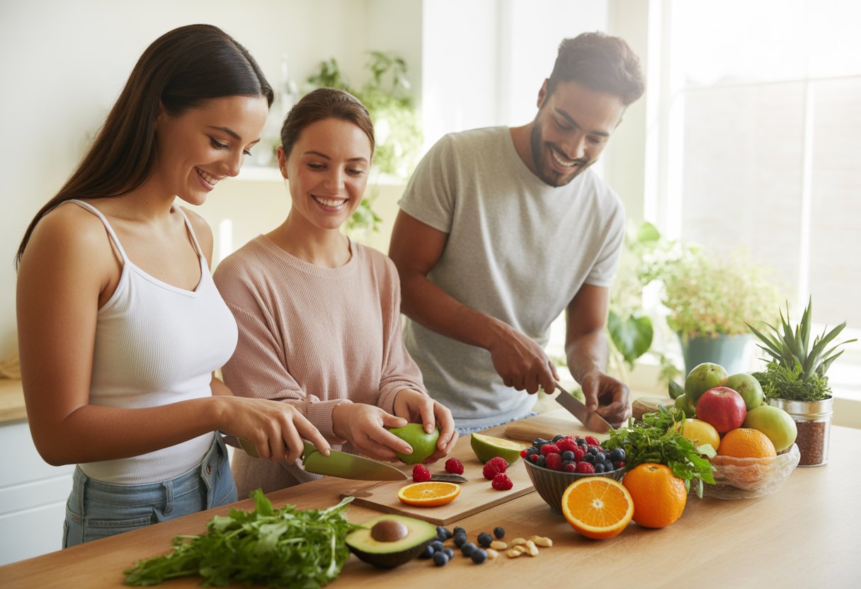 Three people preparing fresh fruits and vegetables in a sunlit kitchen.