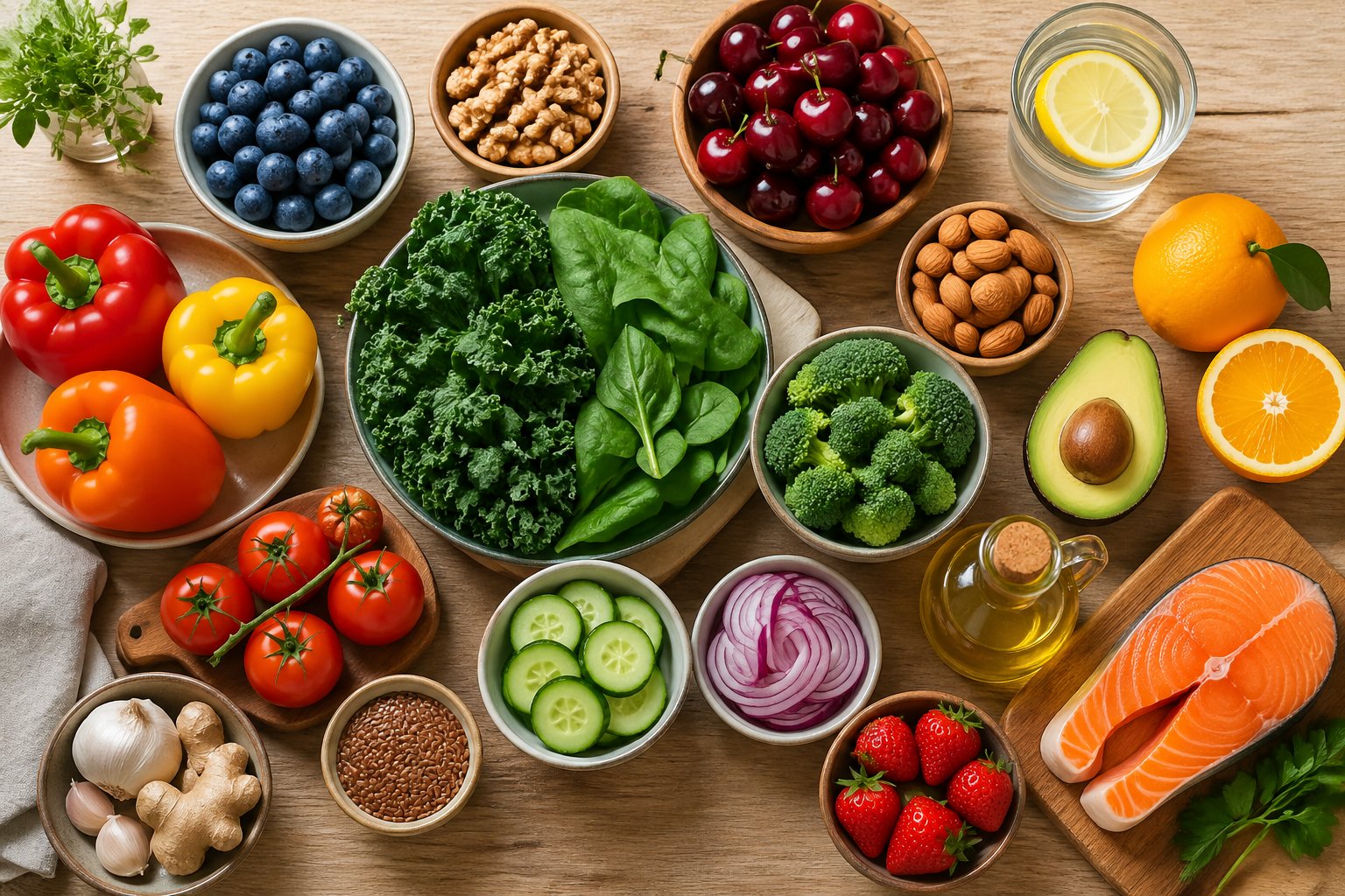 Top-down view of a wooden table with fresh fruits, vegetables, nuts, avocado, olive oil, and a glass of lemon water arranged neatly.