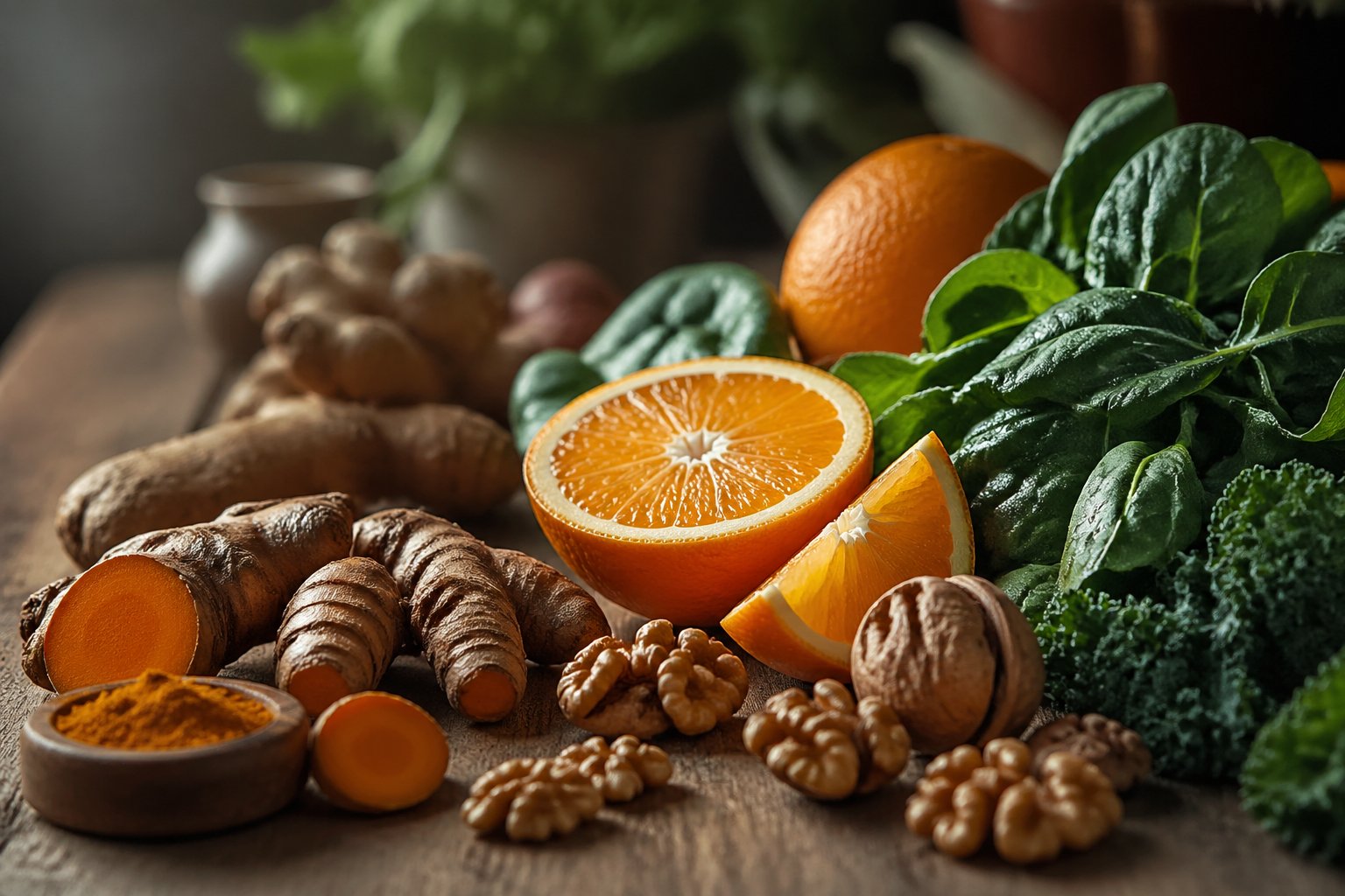 Close-up of fresh anti-inflammatory foods including turmeric, orange slices, green leafy vegetables, and walnuts arranged on a wooden surface.