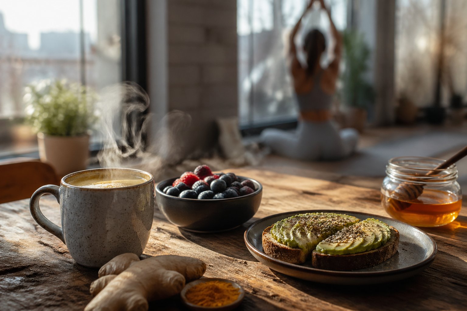 A cozy morning scene with a cup of turmeric tea, fresh berries, avocado toast, and honey on a wooden table, with a person stretching in the background by a sunlit window.