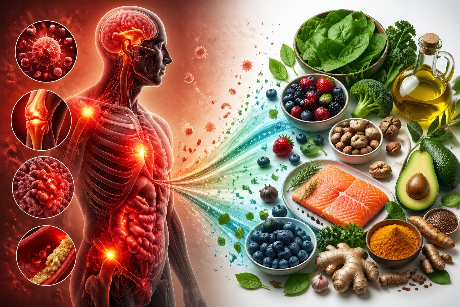 An illustration showing inflamed areas inside the body on one side and a variety of healthy anti-inflammatory foods on the other side, connected by a visual transition.