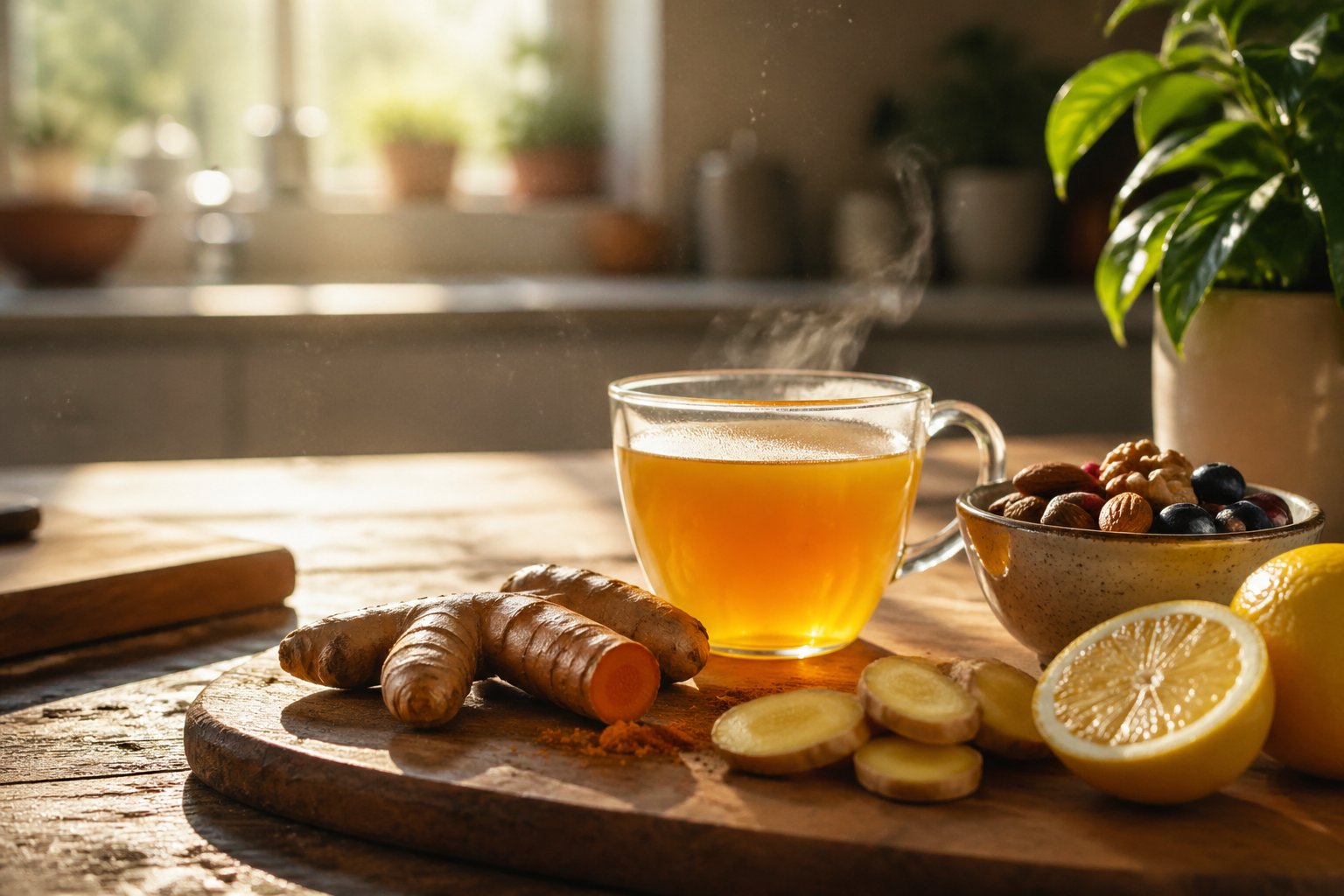 A kitchen countertop with fresh turmeric, ginger, lemon, a glass of steaming turmeric tea, and a bowl of nuts and berries illuminated by soft morning light.