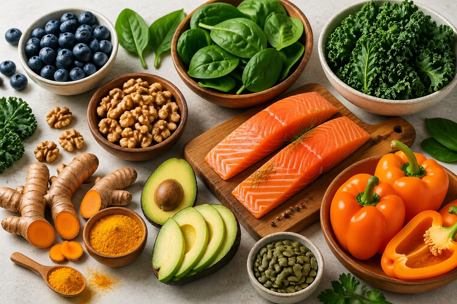 An arrangement of fresh anti-inflammatory foods including blueberries, turmeric, leafy greens, walnuts, salmon, avocado, and bell peppers on a neutral background.