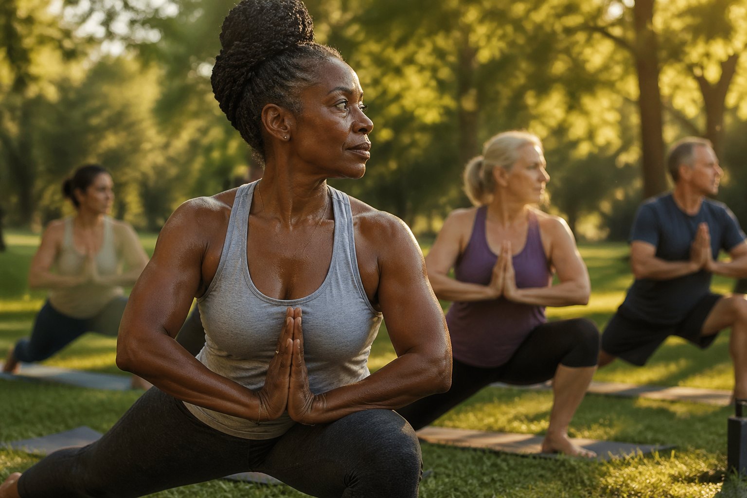People exercising outdoors in a park, performing yoga, walking, and stretching during warm sunlight.