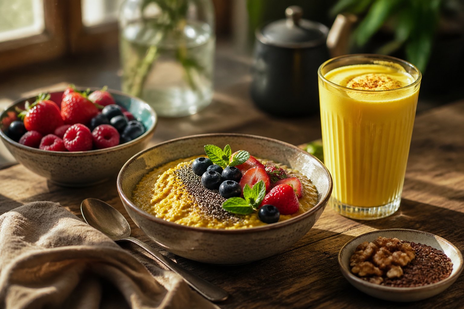 A morning breakfast scene with a bowl of berries, turmeric oatmeal, a glass of turmeric latte, and a small dish of nuts on a wooden table.