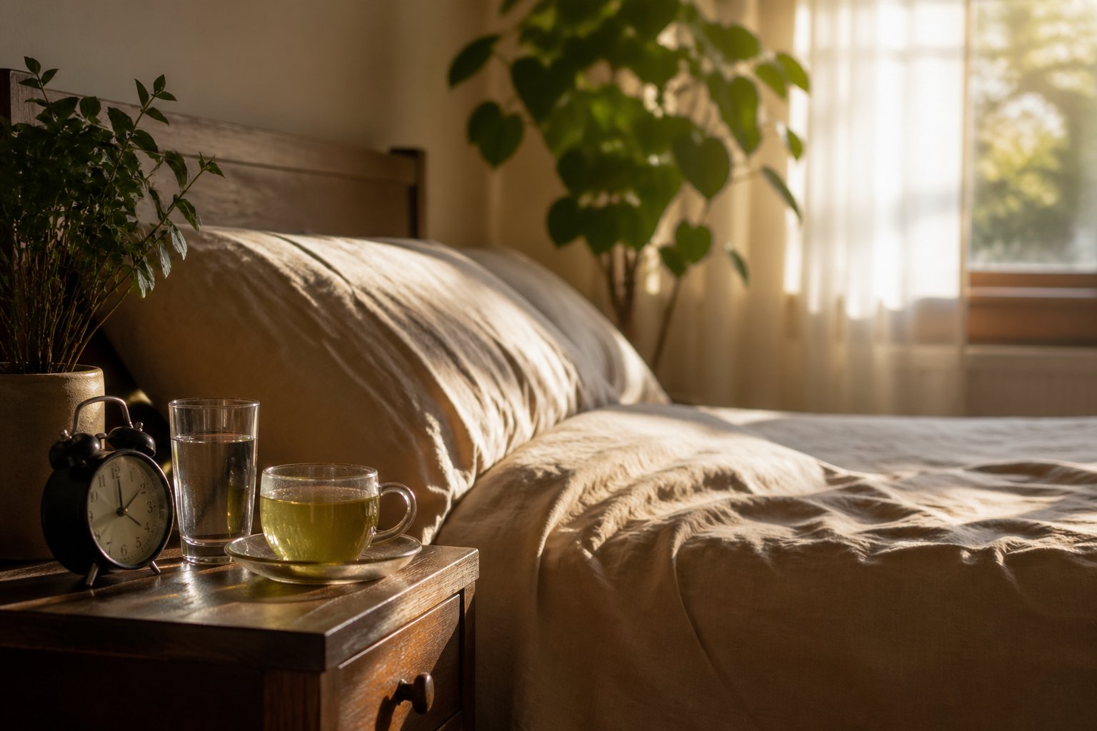 A peaceful bedroom at dawn with soft sunlight on a neatly made bed, a glass of water and herbal tea on a bedside table, and a green plant in the background.