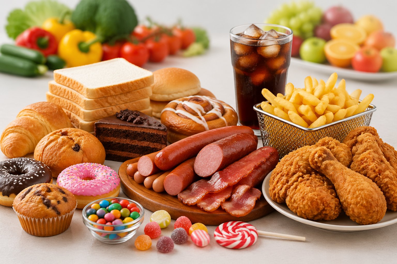 An arrangement of common inflammatory foods including processed meats, sugary snacks, fried foods, refined carbohydrates, and soda on a light background.