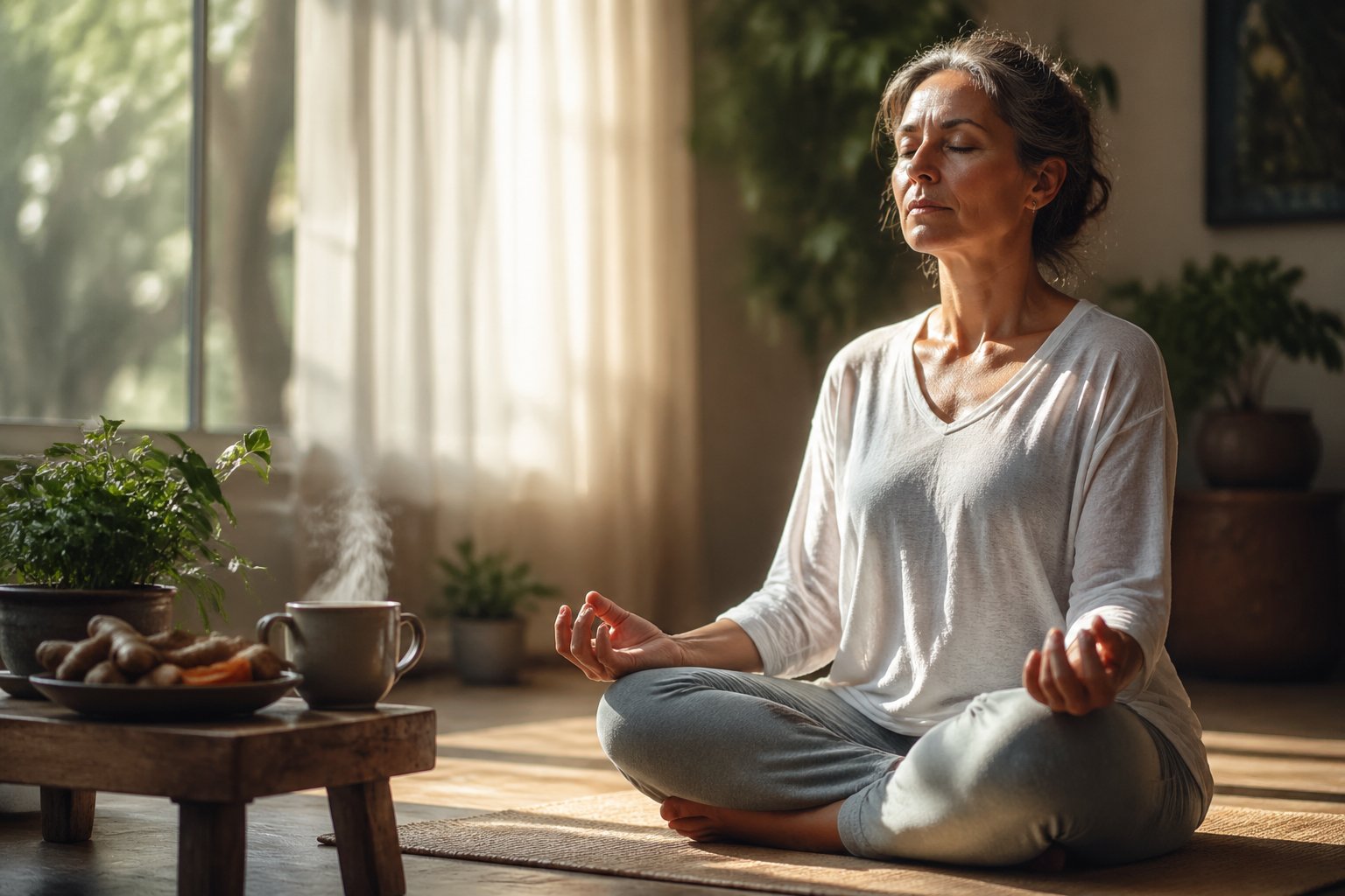 A person meditating peacefully near a sunlit window with herbal tea and fresh turmeric on a table beside them.