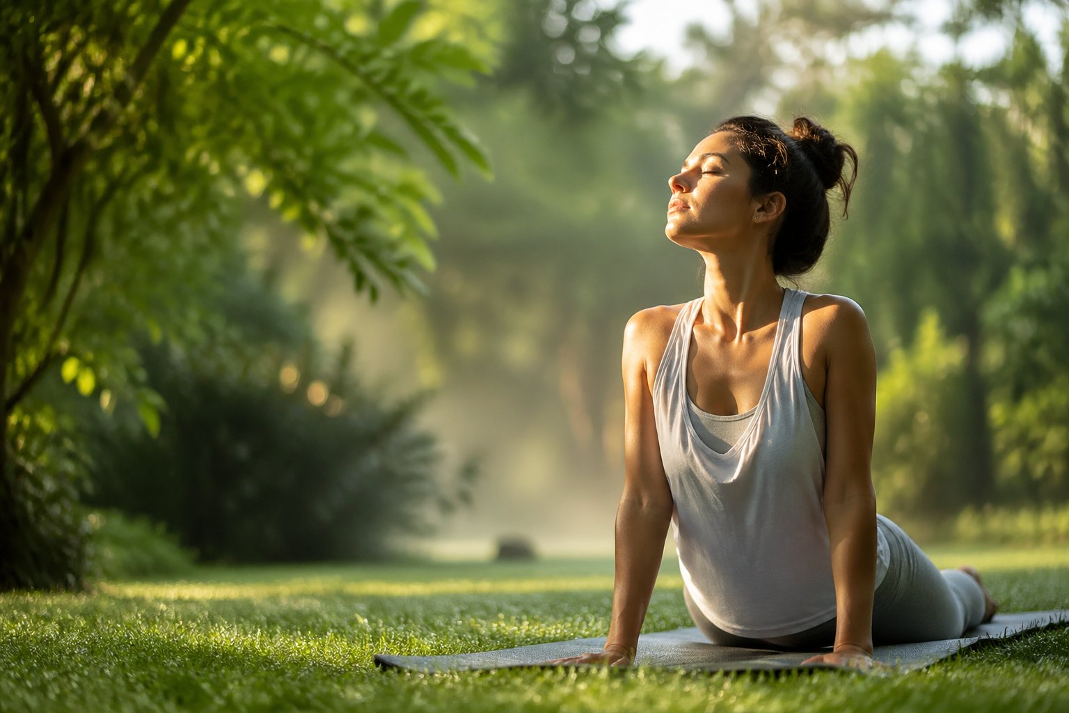 A person gently stretching outdoors in a peaceful garden during early morning light.