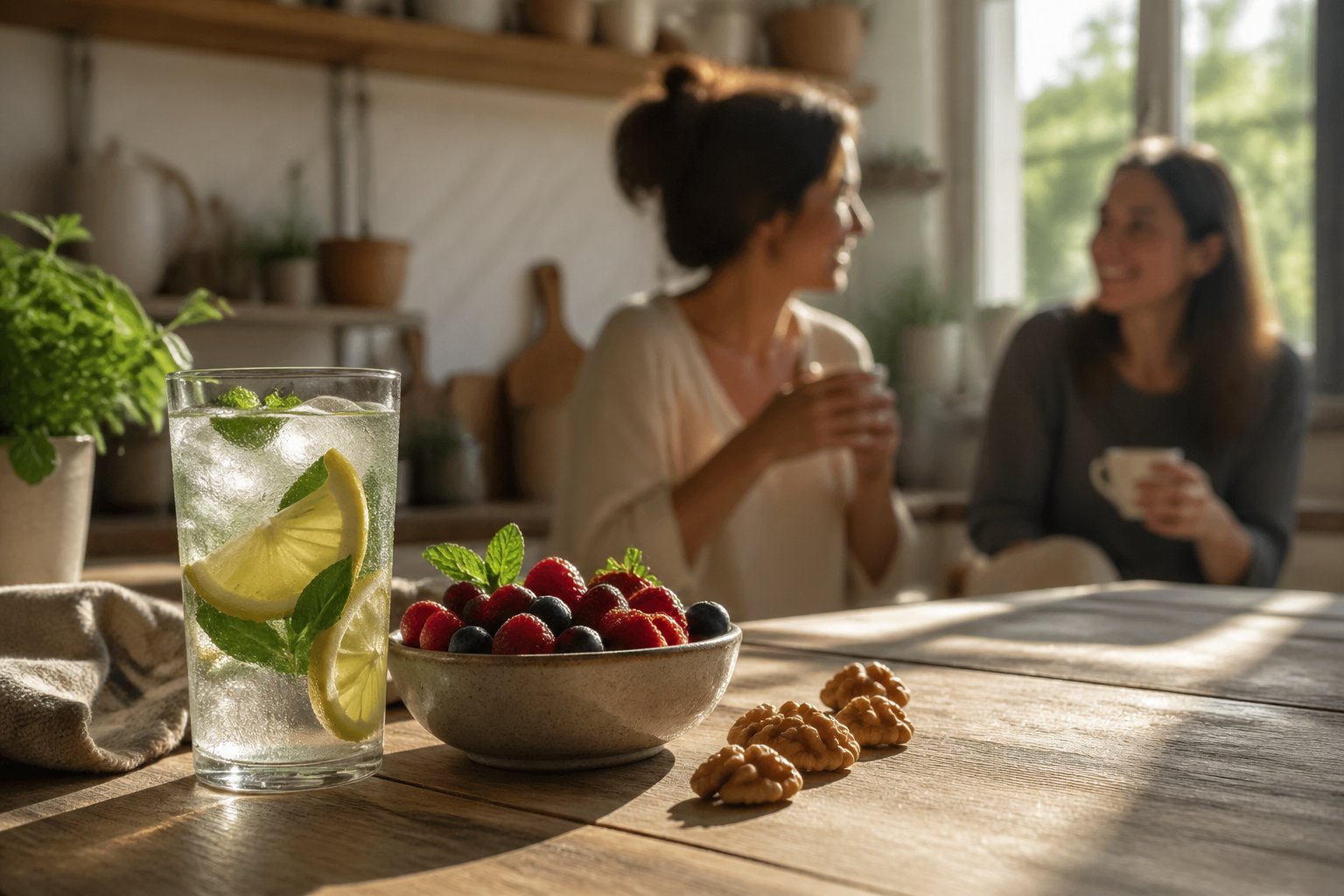 A glass of water with lemon and mint on a wooden table next to a bowl of berries and walnuts, with two people talking in the background in a sunlit kitchen.