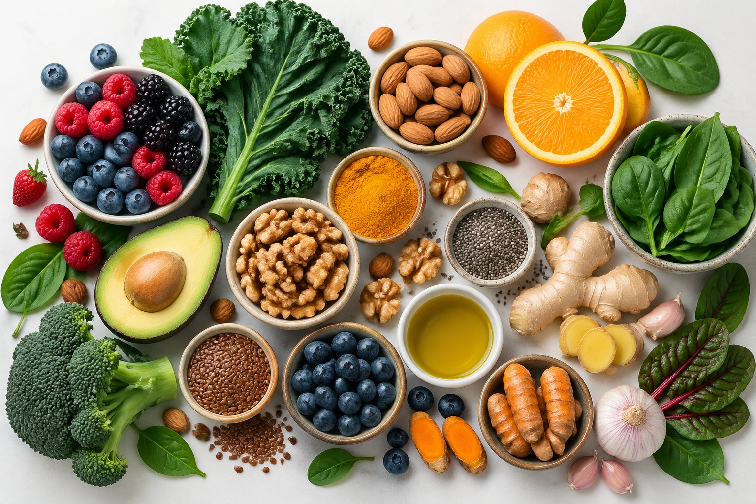 An assortment of fresh fruits, leafy greens, nuts, and spices arranged together to represent foods that help reduce inflammation.
