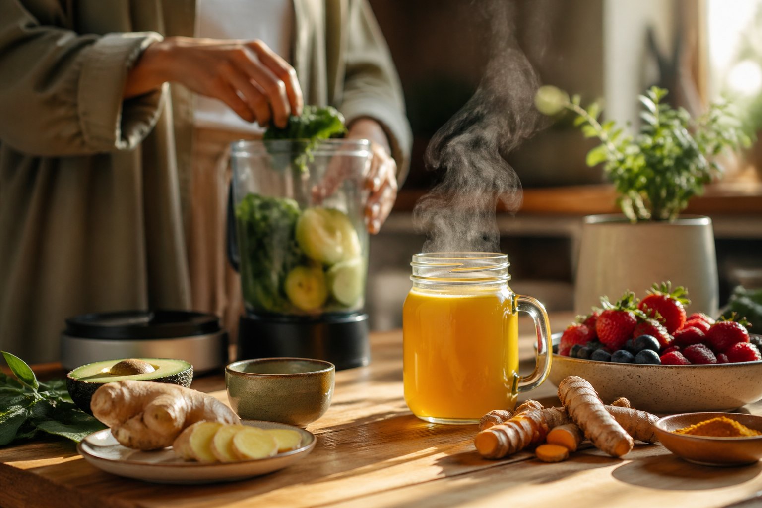 A morning kitchen scene with fresh berries, turmeric tea, and a person preparing a green smoothie by a window with soft sunlight.
