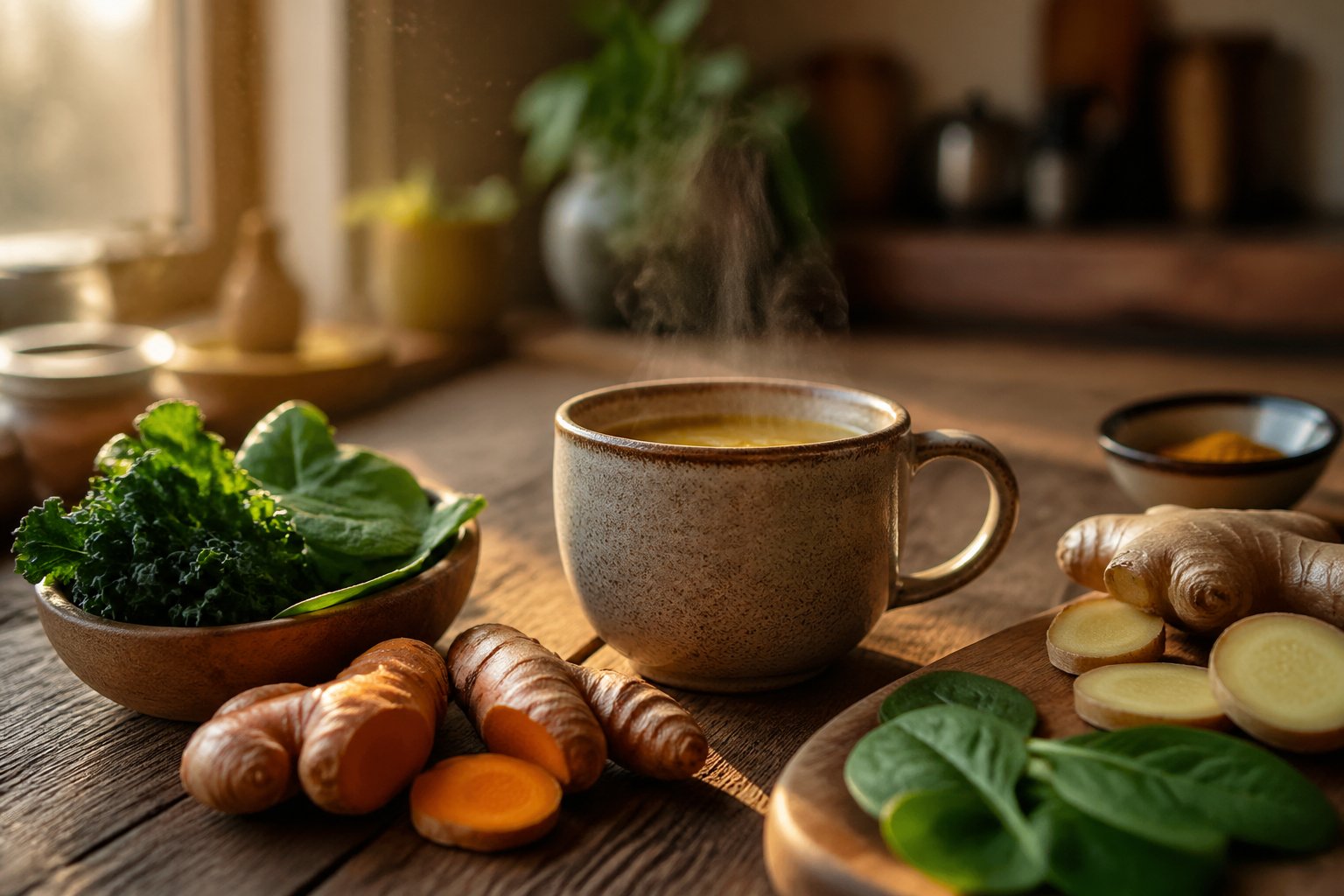 A cozy kitchen table with a steaming cup of turmeric tea surrounded by fresh turmeric roots, ginger slices, and green leafy vegetables in soft morning light.