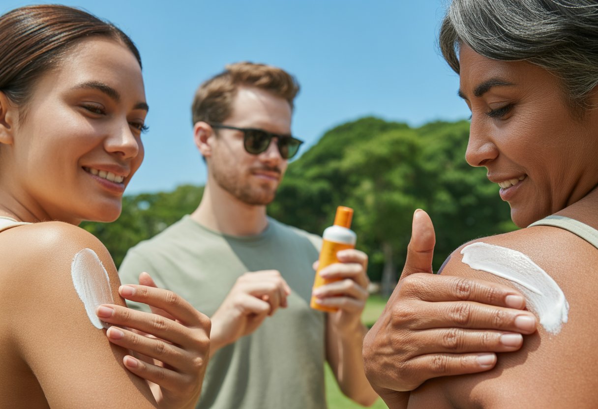 Three people outdoors applying sunscreen to their faces and arms on a sunny day with trees and blue sky in the background.