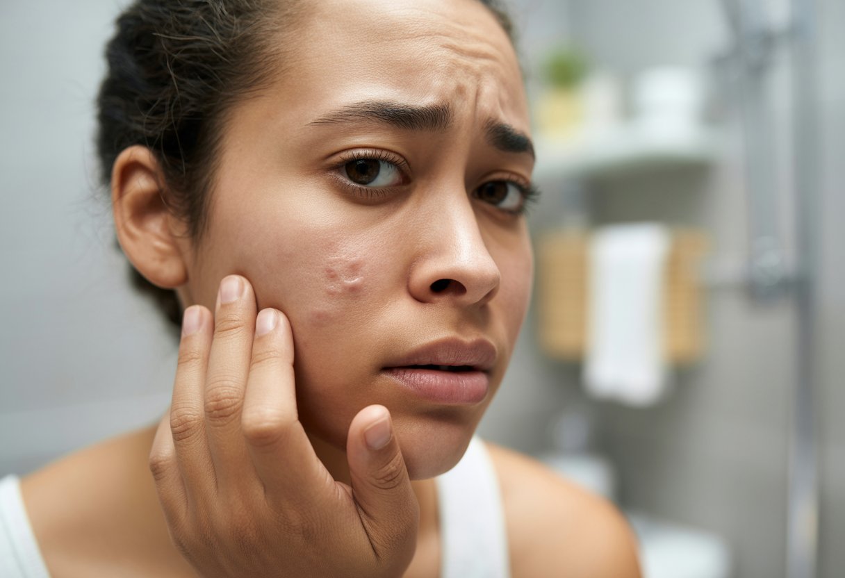 A young woman looking at her face in a bathroom mirror, touching her cheek with visible acne blemishes.