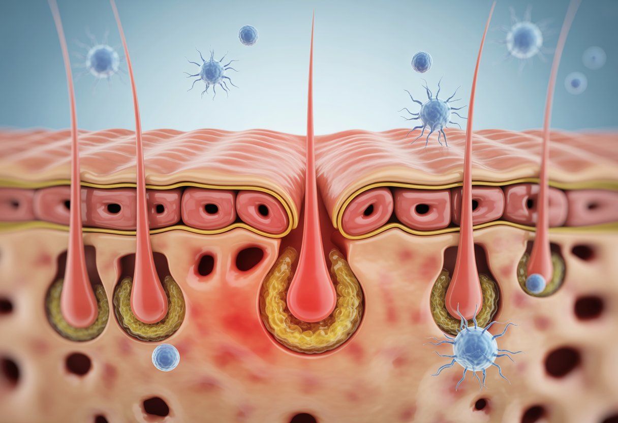 Close-up cross-sectional view of human skin showing clogged pores and inflammation causing acne.