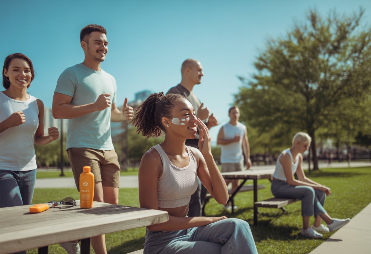 People outdoors in a sunny park, some applying sunscreen and others enjoying activities under clear skies.
