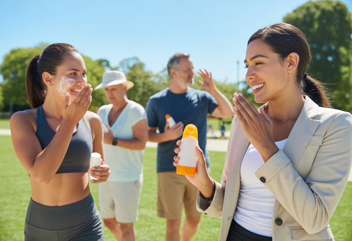 People outdoors in different daily activities applying or holding sunscreen products on a sunny day.