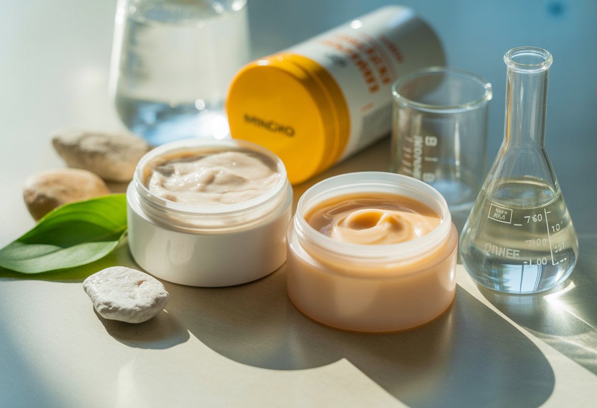 Two open sunscreen containers on a white surface, one with white mineral sunscreen and the other with translucent chemical sunscreen, surrounded by natural stones and green leaves on one side and scientific glassware on the other.