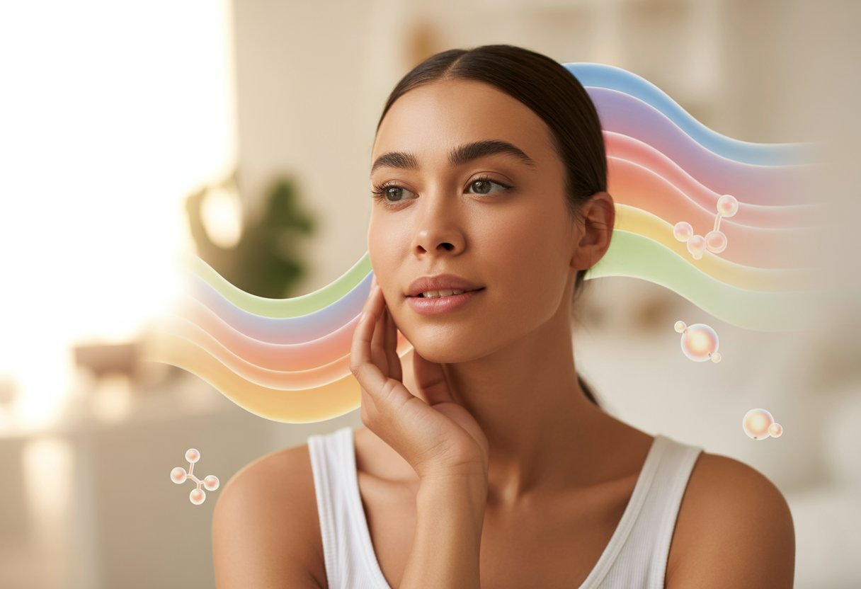 A young woman with clear skin gently touching her face with a thoughtful expression in a softly lit, minimalistic setting.