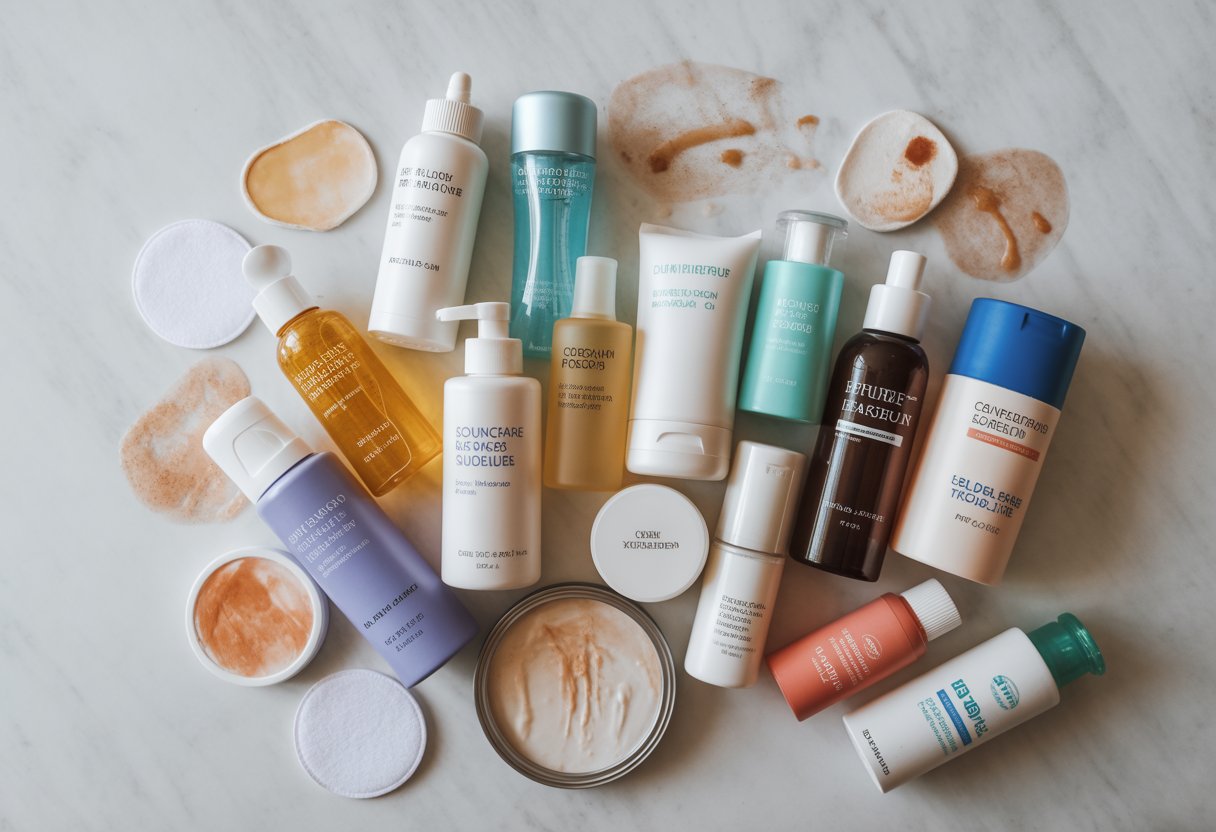 Various skincare products arranged on a white surface with some items showing signs of frequent use, illustrating common skincare routine mistakes.