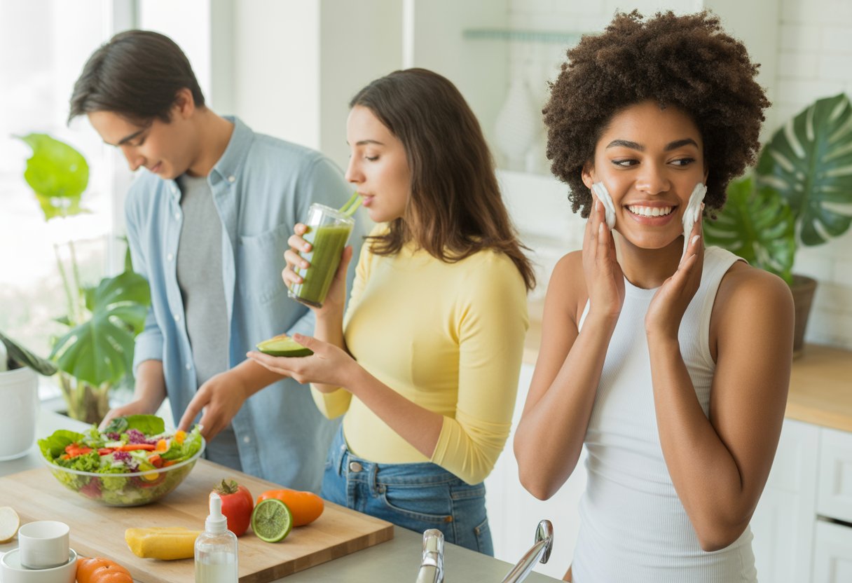 A group of young adults preparing healthy food and caring for their skin in a bright kitchen with plants and sunlight.