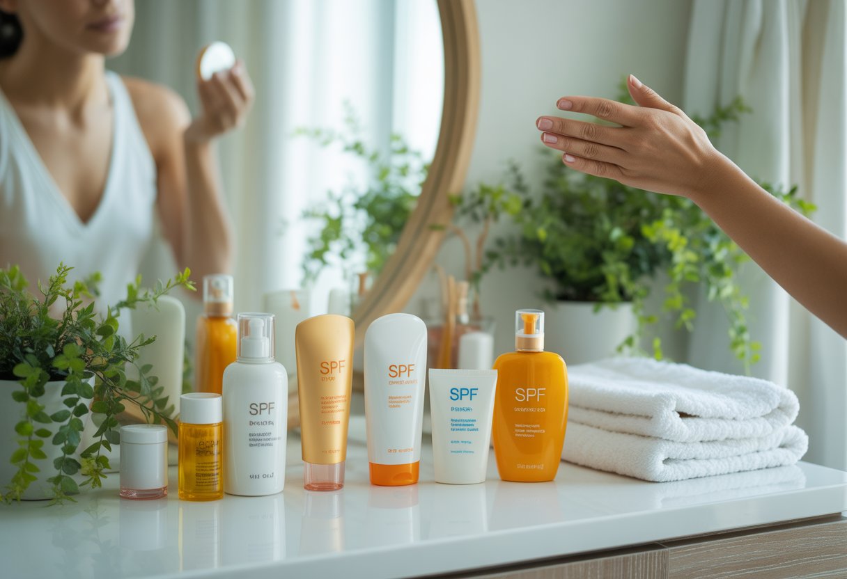 A person applying sunscreen to their face in a bright bathroom with skincare products and plants on the countertop.