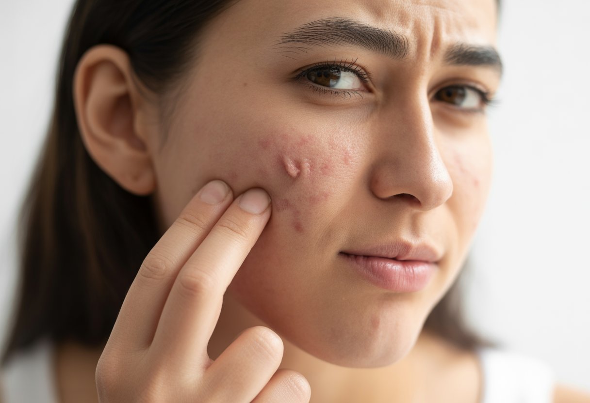 A young woman with mild acne gently touching her cheek, looking thoughtful.