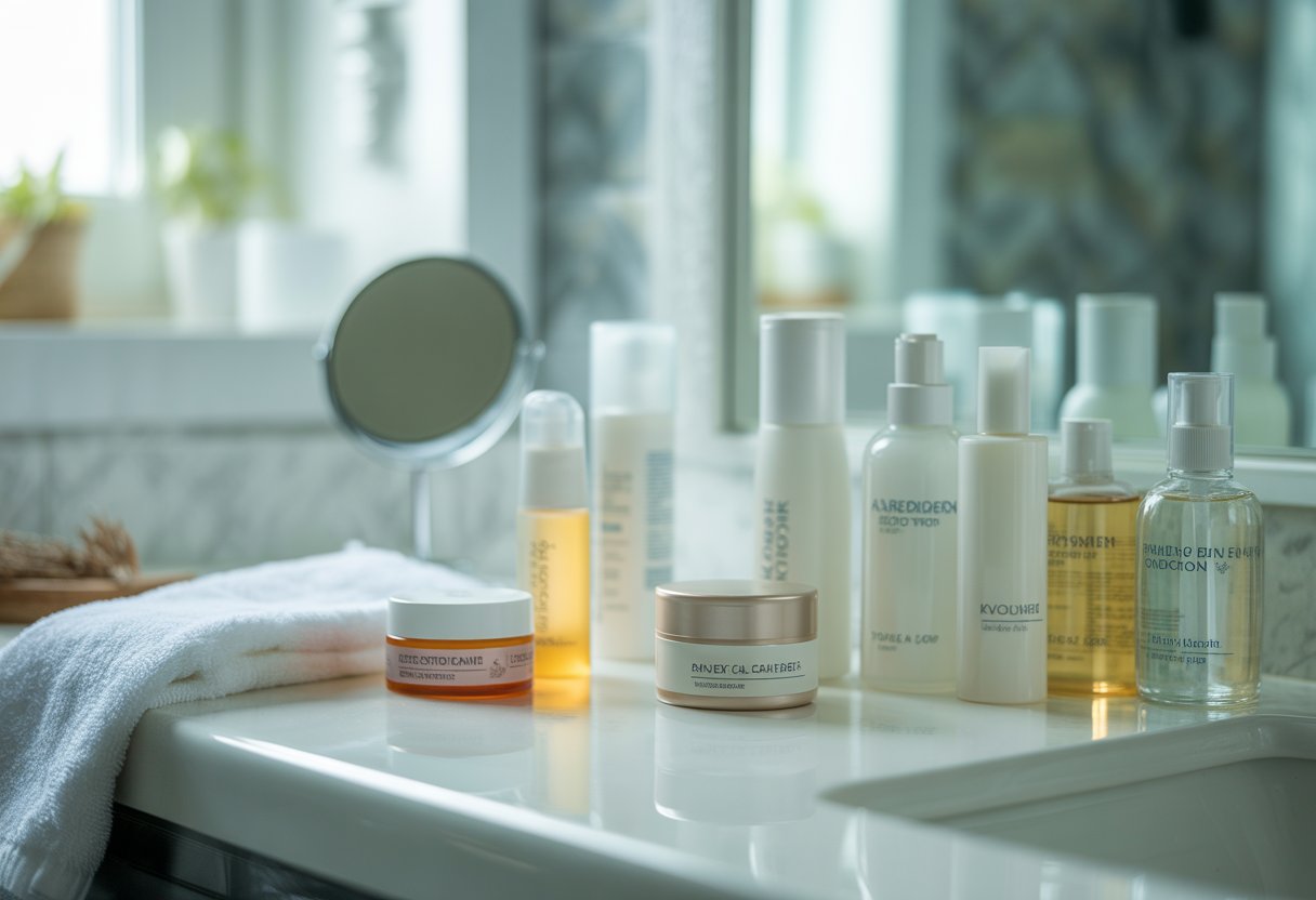 A bathroom countertop with various skincare products including bottles and tubes arranged neatly next to a mirror and a white towel.